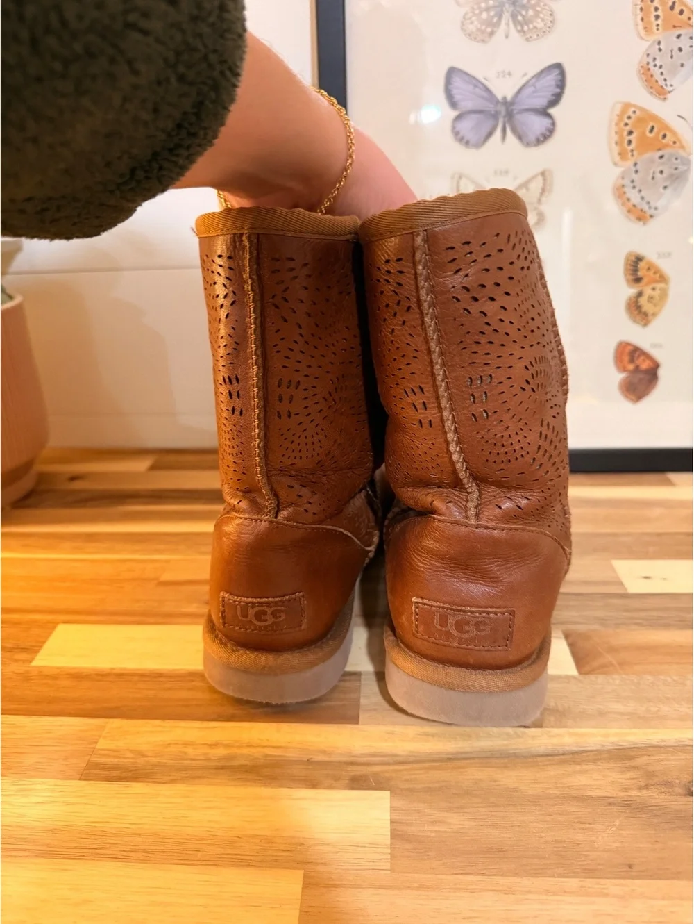 Ugg Women's Brown Perforated Leather Winter Boots with Shearling Lining